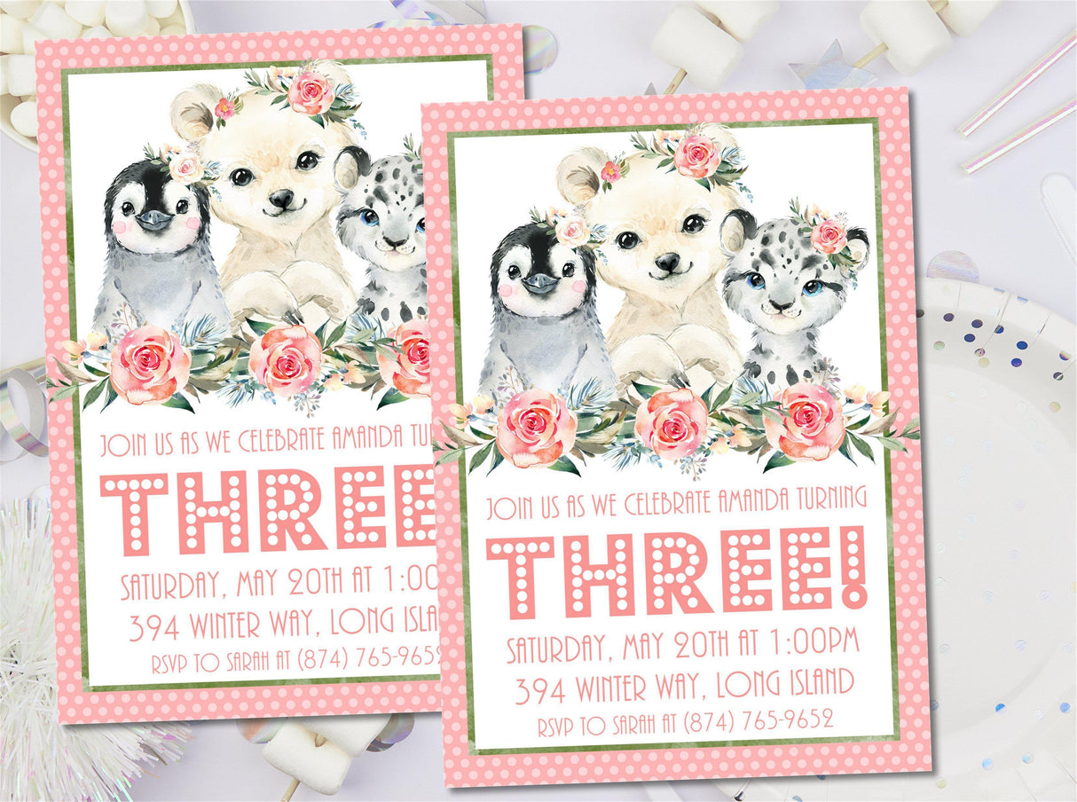 polar animal birthday invitations pink floral winter theme
