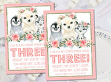 polar animal birthday invitations pink floral winter theme