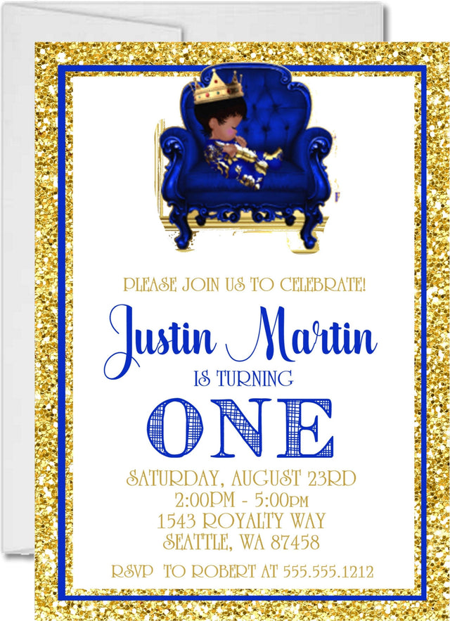 prince 1st birthday invitations royal blue gold design