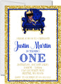 prince 1st birthday invitations royal blue gold design