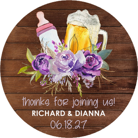purple floral baby shower sticker with beer mug and baby bottle rustic wood design