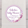 purple floral baby shower sticker with lavender blossoms