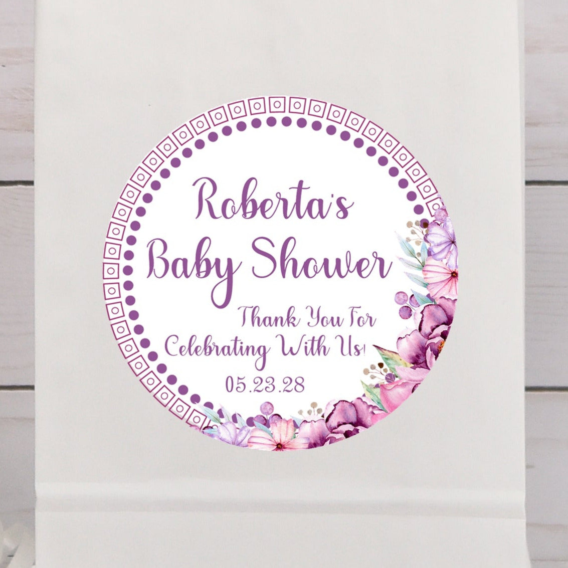 purple floral baby shower sticker with lavender blossoms