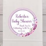 purple floral baby shower sticker with lavender blossoms