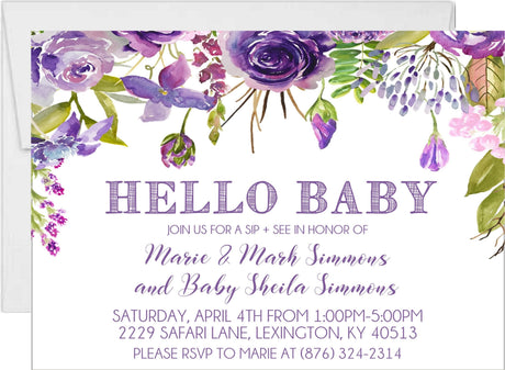 purple floral sip and see invitations watercolor flower design