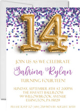 purple turquoise confetti birthday invitations milestone celebration theme