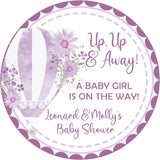 purple watercolor hot air balloon baby shower sticker with baby girl on the way wording