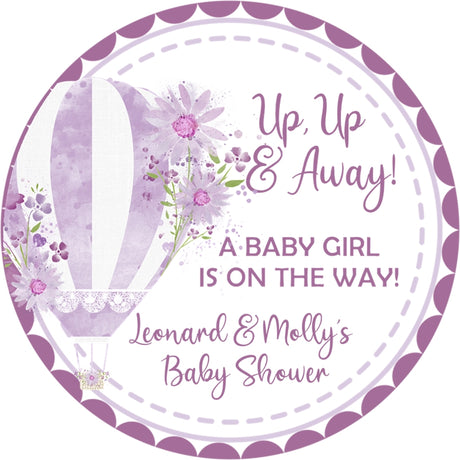 purple watercolor hot air balloon baby shower sticker with baby girl on the way wording