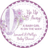 purple watercolor hot air balloon baby shower sticker with baby girl on the way wording