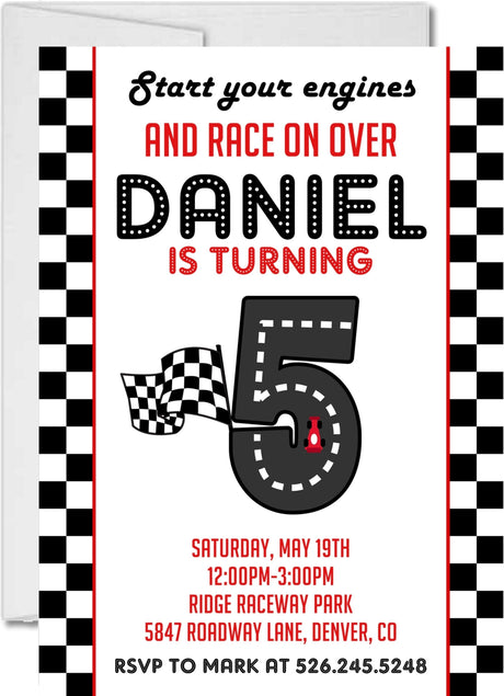 race car birthday party invitations checkered flag design