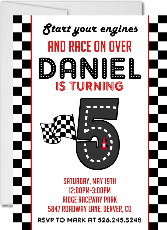 race car birthday party invitations checkered flag design
