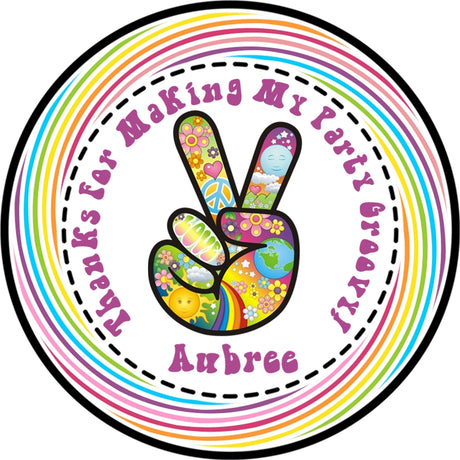 rainbow hippie party favor sticker with flower power design
