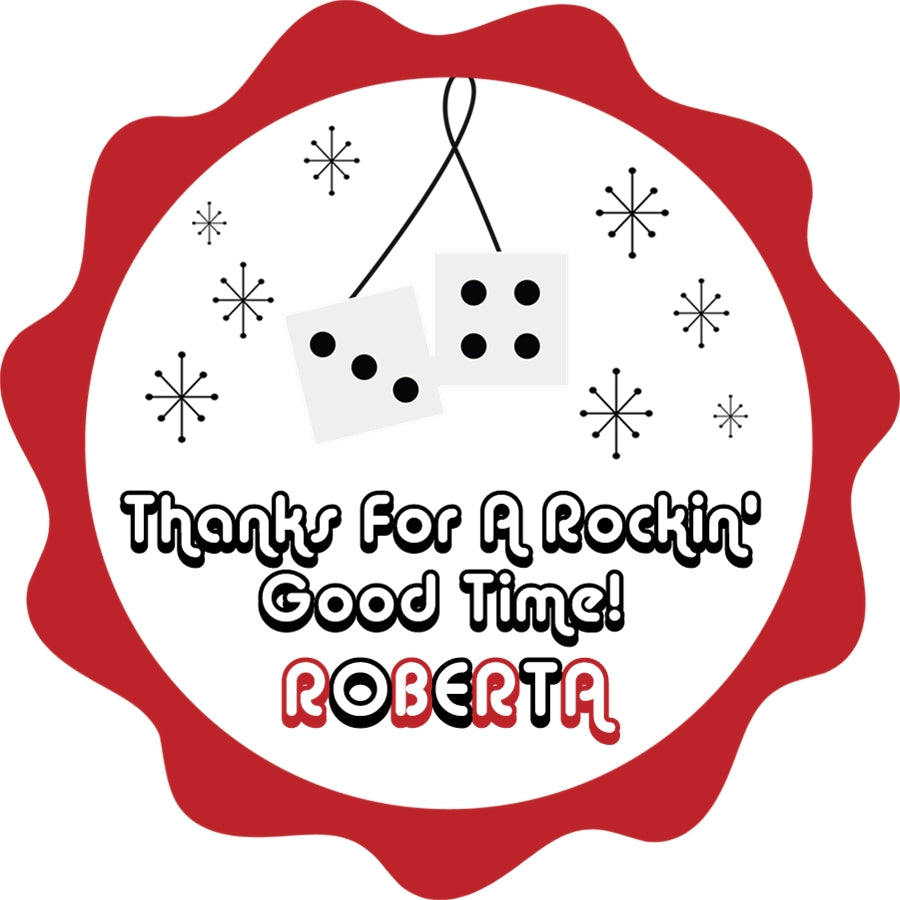 red 50s rock and roll birthday sticker with scalloped edge design