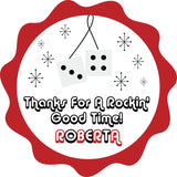 red 50s rock and roll birthday sticker with scalloped edge design