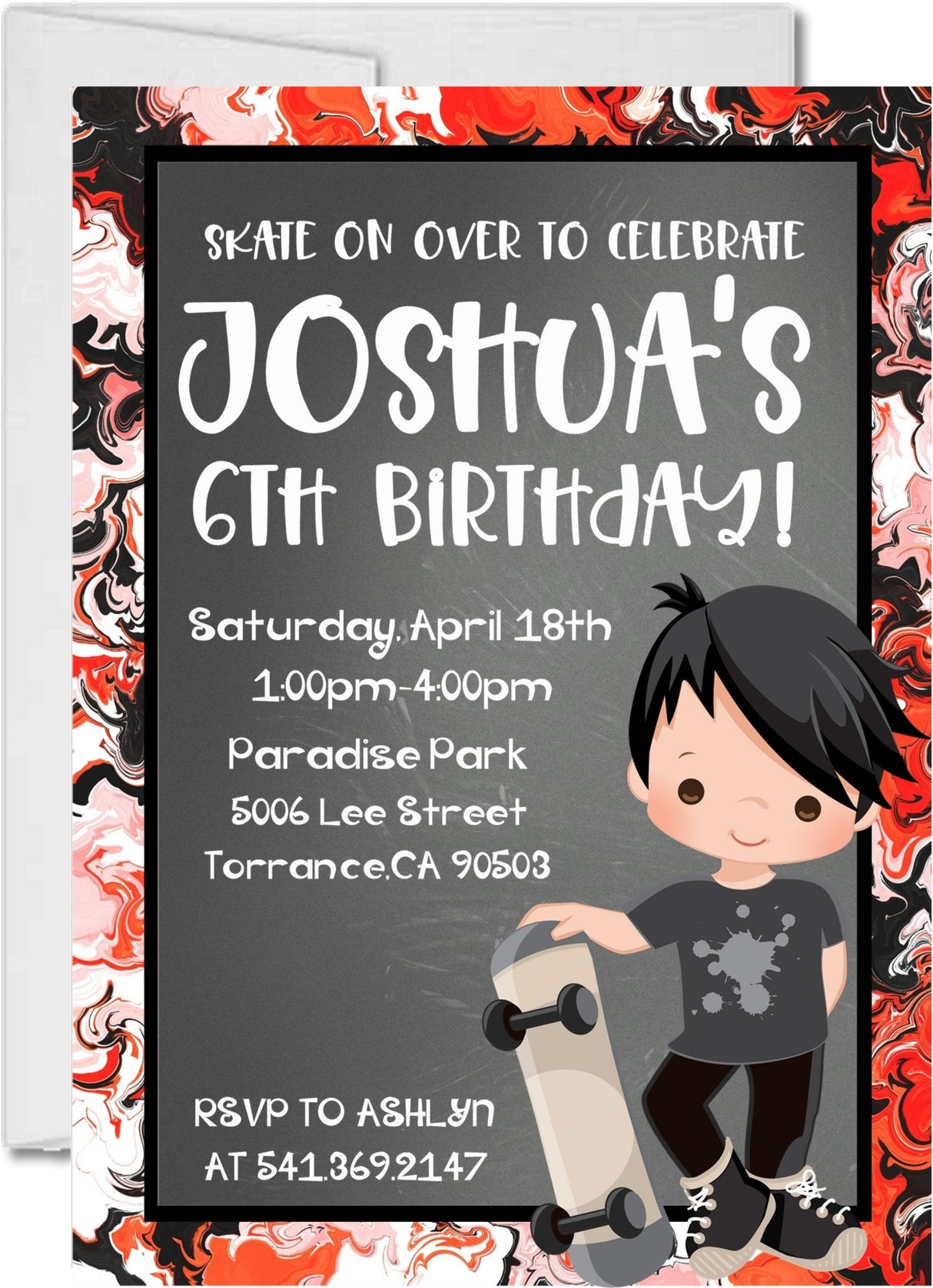 red black boys skateboard birthday party invitations
