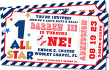red blue boys baseball all star 1st birthday invitations ticket design
