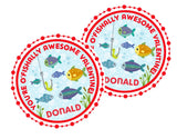 red border ocean valentine label with bubbles and school of fish