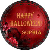 red gothic halloween sticker with gold lettering and red floral accents