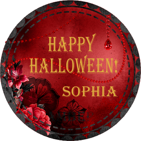 red gothic halloween sticker with gold lettering and red floral accents