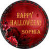 red gothic halloween sticker with gold lettering and red floral accents