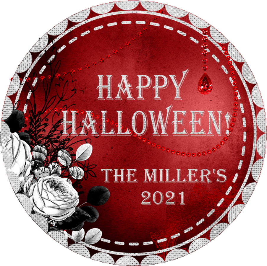 red gothic halloween sticker with silver lettering and black floral design