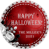 red gothic halloween sticker with silver lettering and black floral design
