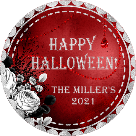 red gothic halloween sticker with silver lettering and black floral design