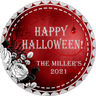 red gothic halloween sticker with silver lettering and black floral design