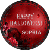red gothic halloween sticker with silver lettering and red floral accents