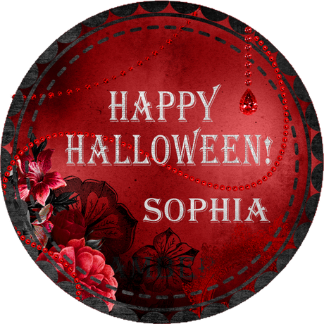 red gothic halloween sticker with silver lettering and red floral accents