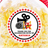red movie camera birthday sticker with hollywood star