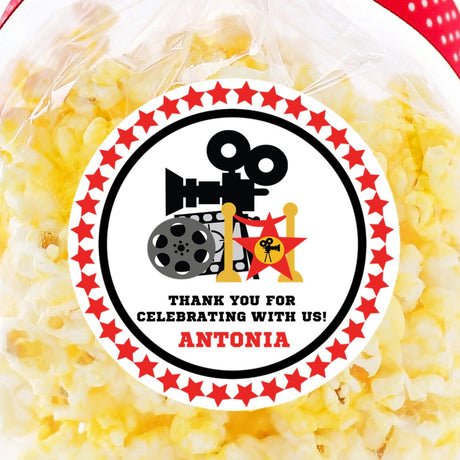 red movie camera birthday sticker with hollywood star
