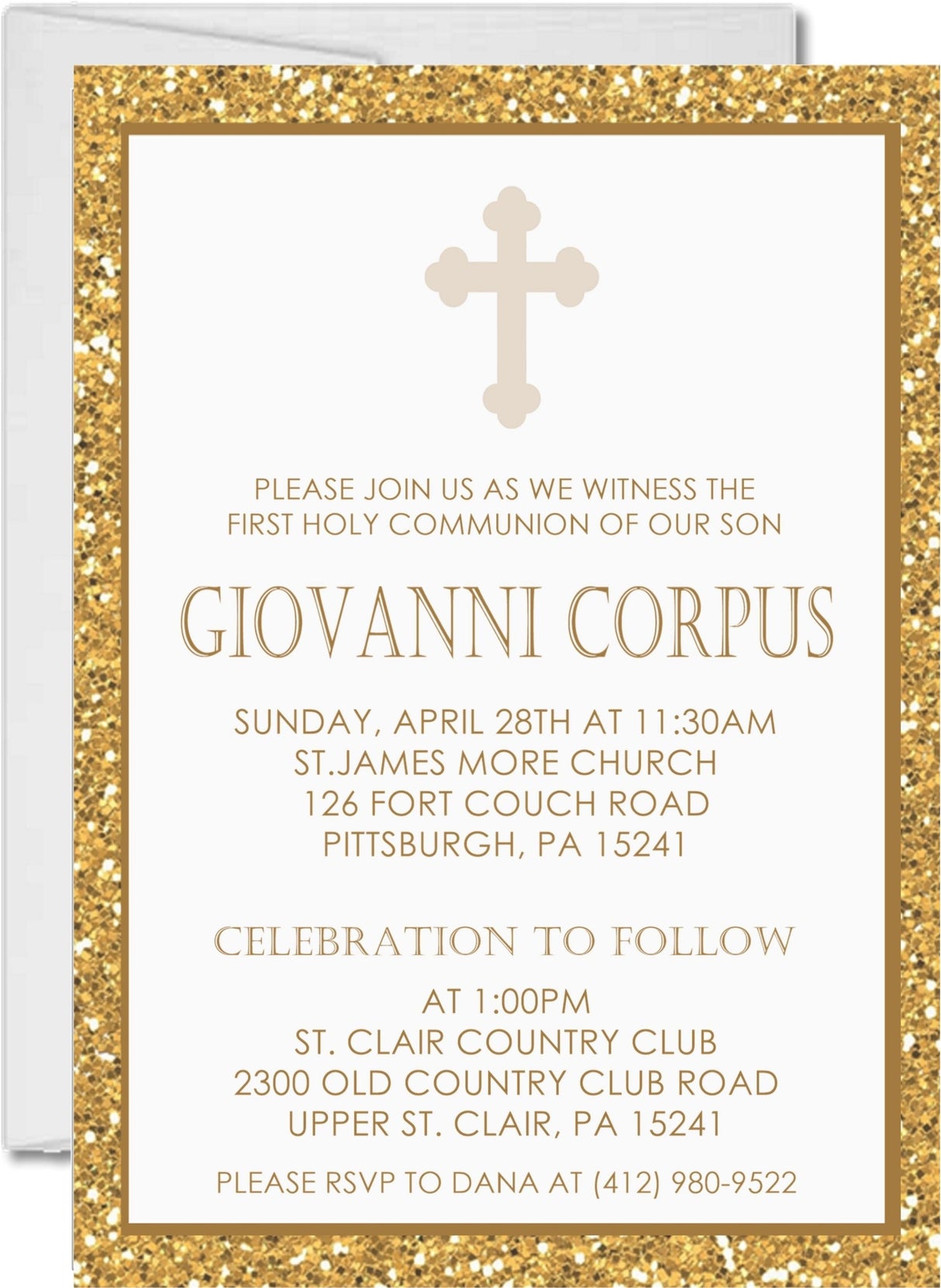 religious invitations with decorative cross and gold border design