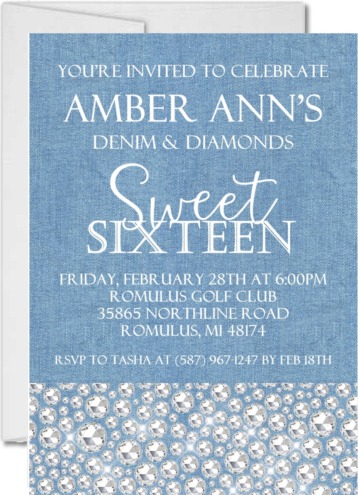 rhinestone denim invitation cards teen birthday party style