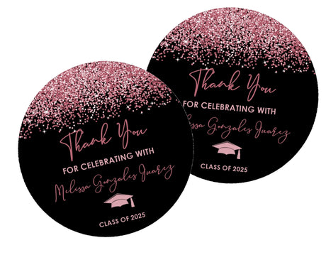 Rose gold and black graduation stickers – printed glitter design on matte paper