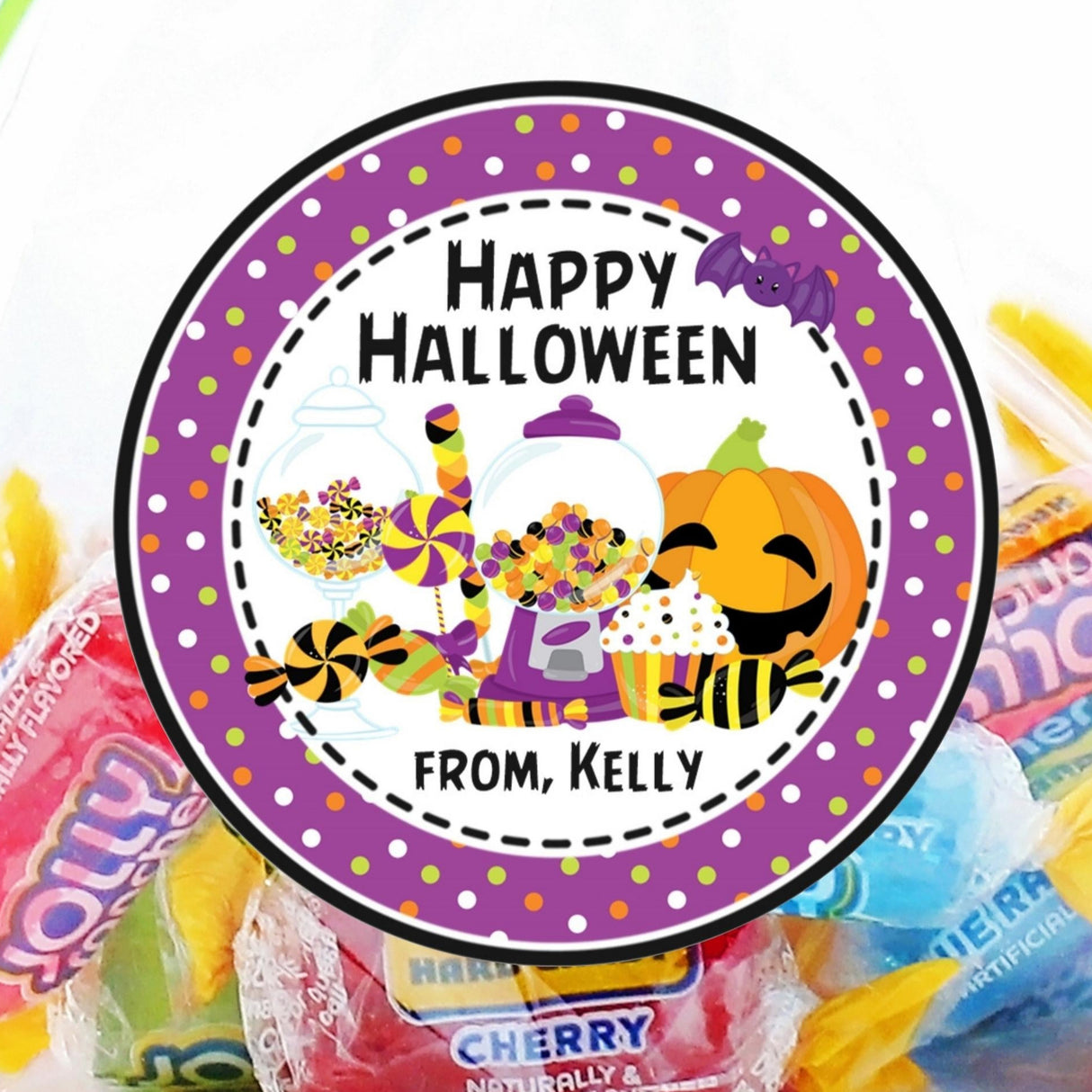 round halloween sticker with pastel candy illustrations and cheerful accents