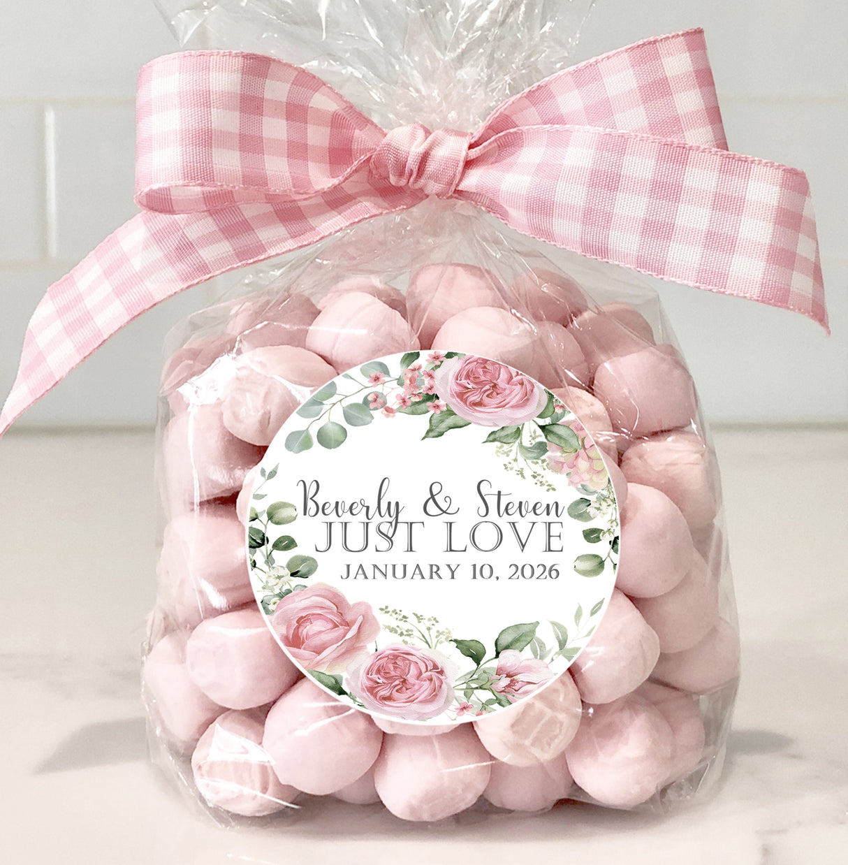 round pink rose wedding favor label