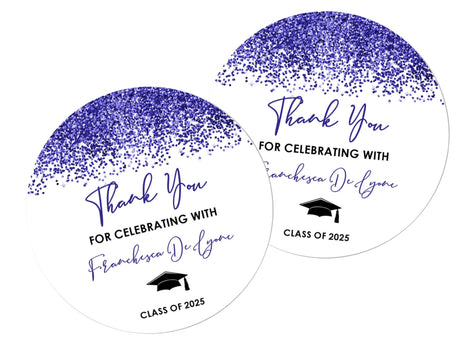 Royal blue graduation stickers – printed glitter design on matte paper