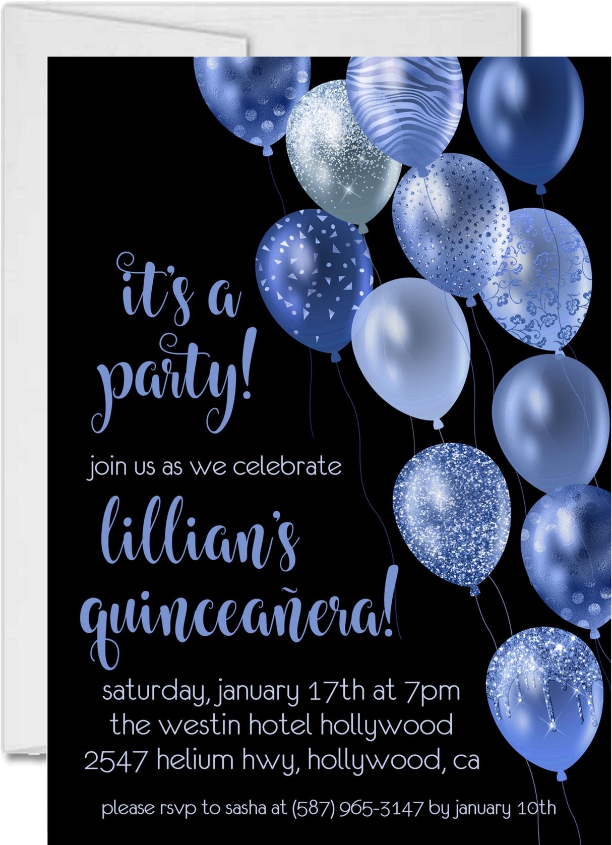 royal blue black sweet 16 quinceanera invitation