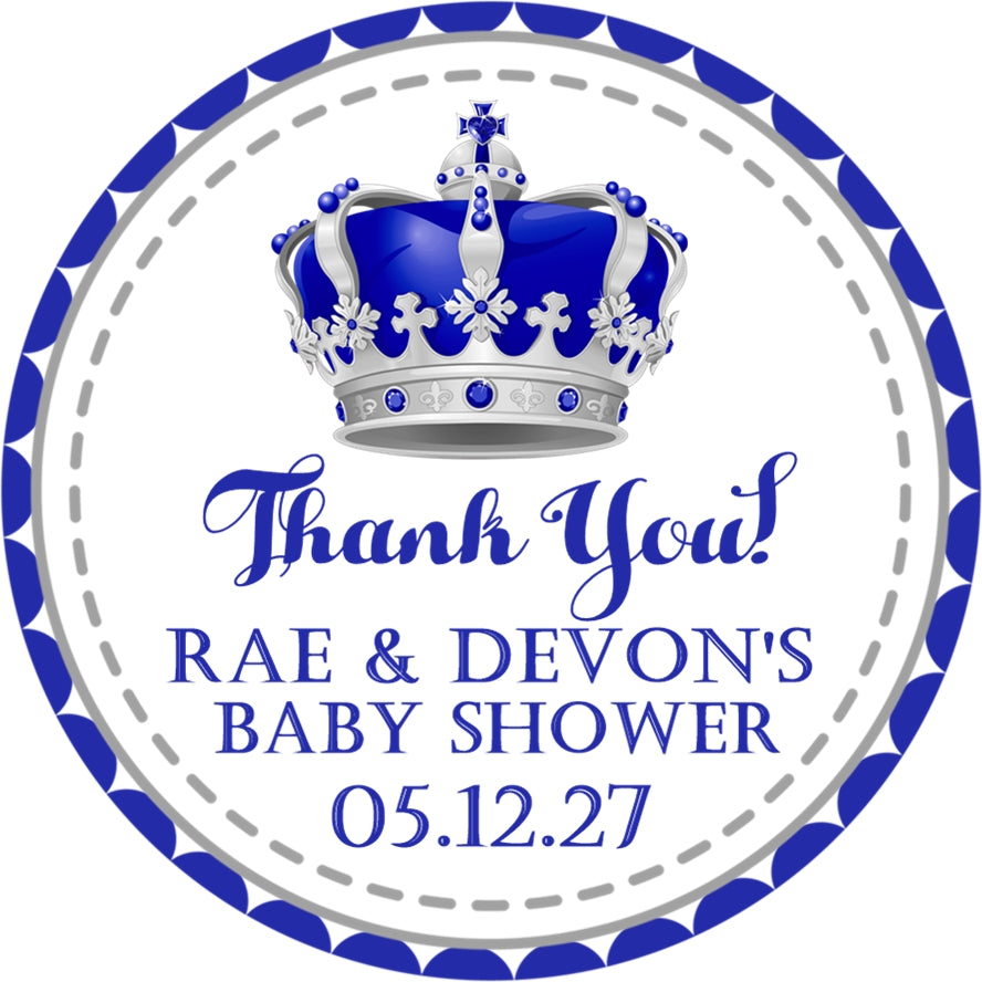 royal crown baby shower sticker with silver crown and soft blue border personalized thank you design