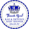 royal crown baby shower sticker with silver crown and soft blue border personalized thank you design