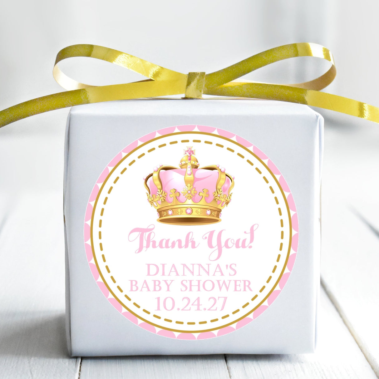 royal pink crown thank-you sticker for baby shower favors