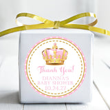 royal pink crown thank-you sticker for baby shower favors