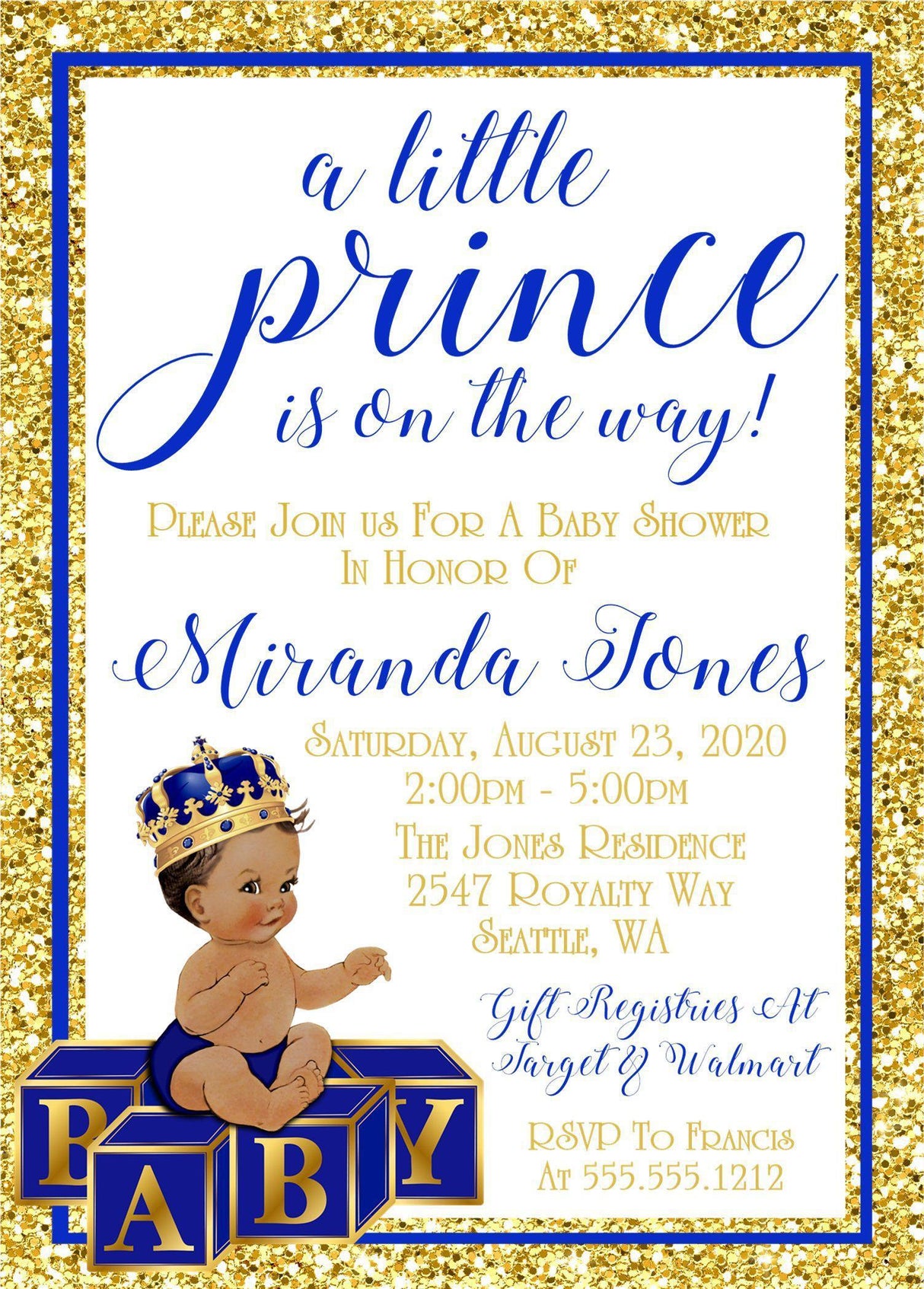 royal prince baby shower invitations blue gold design