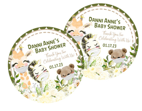 safari animal baby shower stickers with giraffe zebra elephant wearing masks