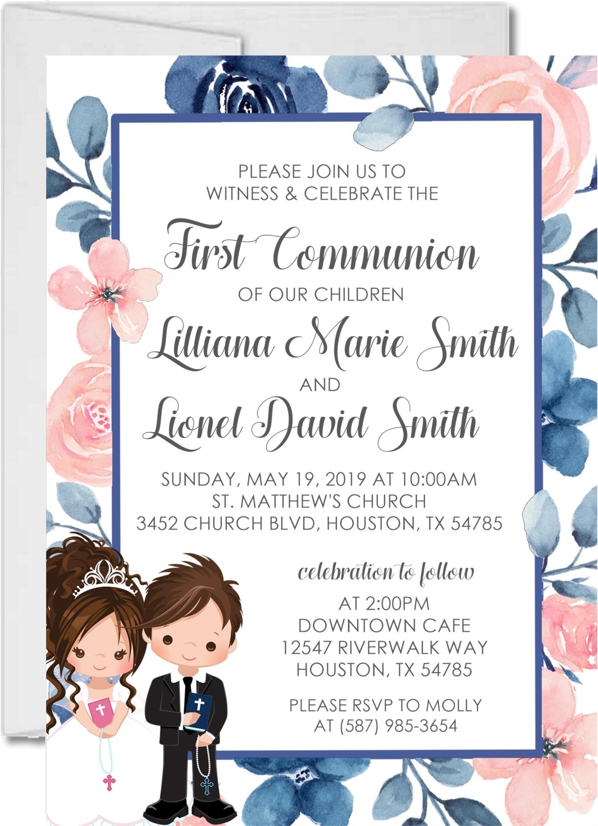 sibling first communion invitations with customizable boy and girl characters