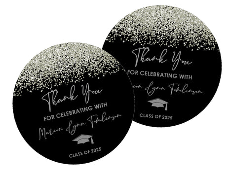 Silver and black graduation stickers – printed glitter design on matte paper