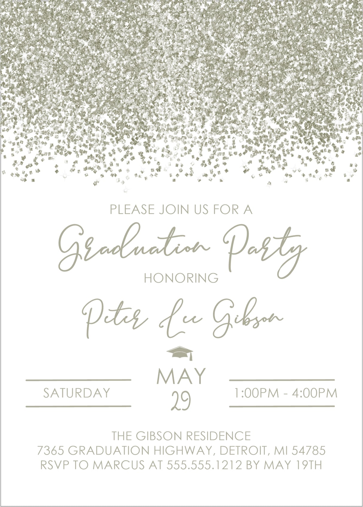 silver graduation party invitations confetti design