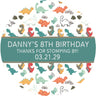 simple dino party sticker with muted colors and clean layout