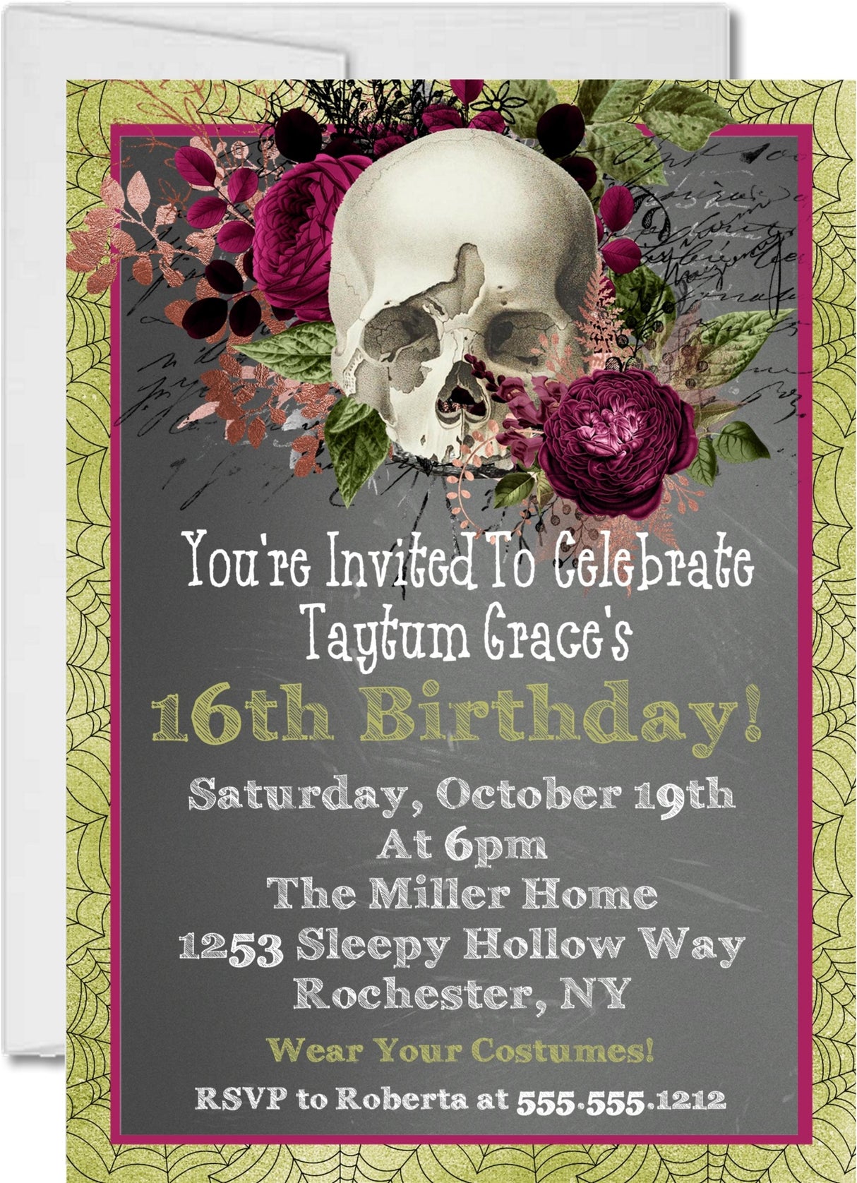 skull birthday party invitations gothic floral design